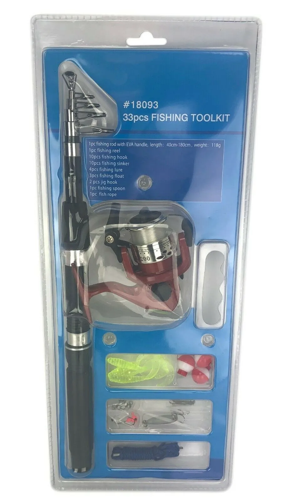 33 piece Set Fishing Kit Telescoping Rod Spinning Reel Hooks Sinkers Lure Bobber