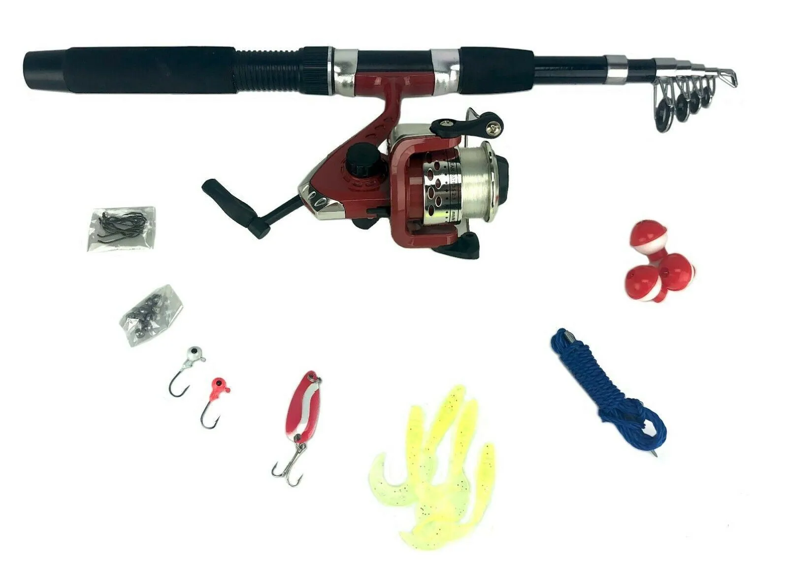 33 piece Set Fishing Kit Telescoping Rod Spinning Reel Hooks Sinkers Lure Bobber