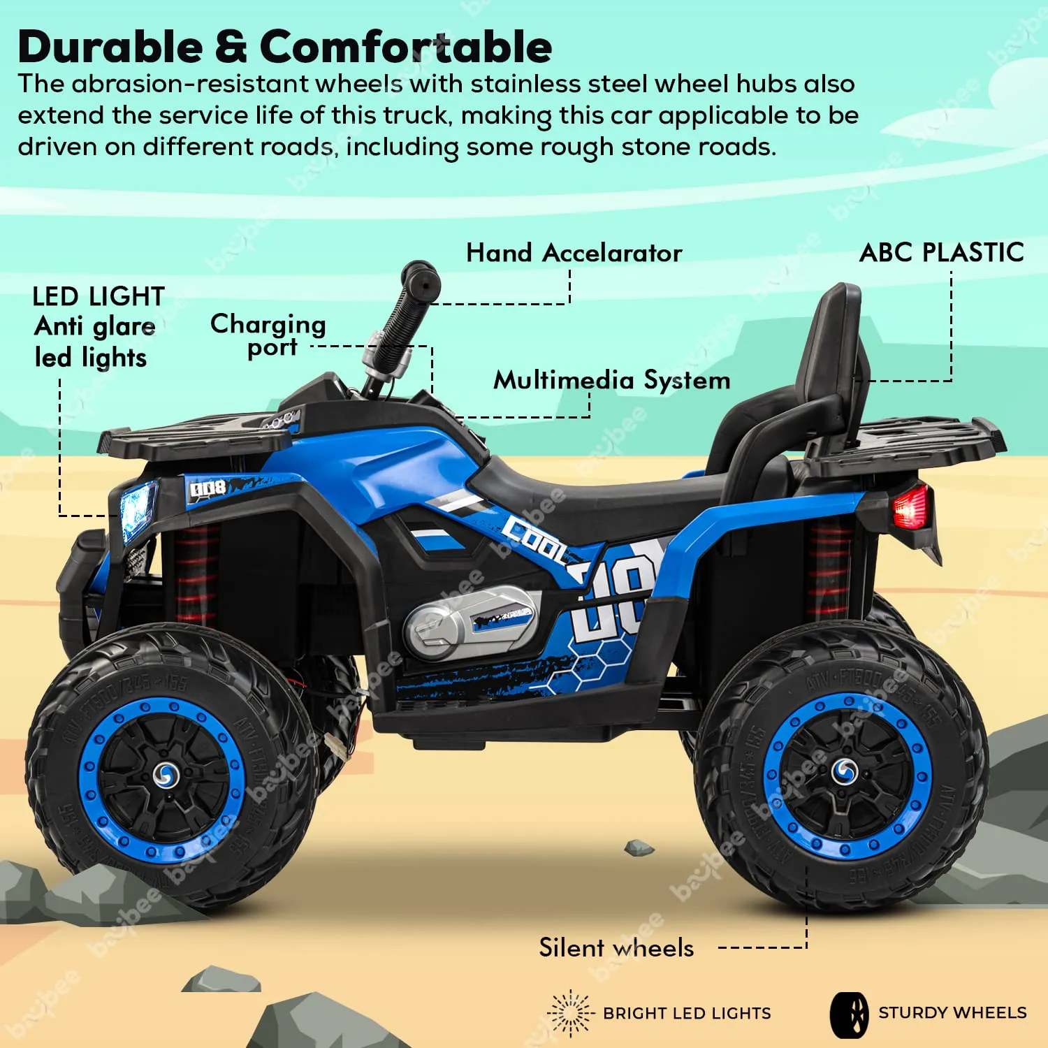 Baybee Adventura ATV Rechargeable Battery-Operated Ride on Bike for Kids Bike with Light, USB, Music.