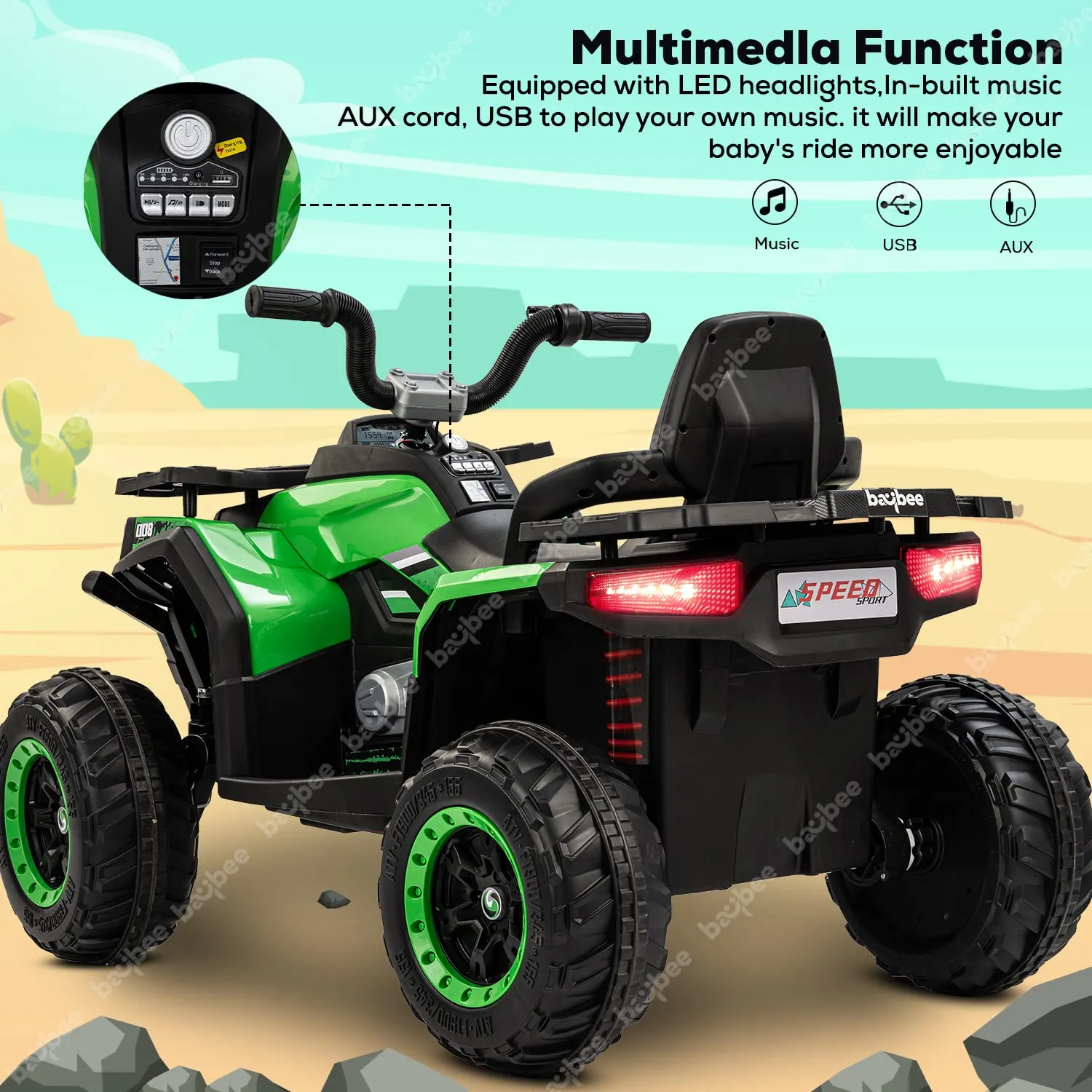 Baybee Adventura ATV Rechargeable Battery-Operated Ride on Bike for Kids Bike with Light, USB, Music.