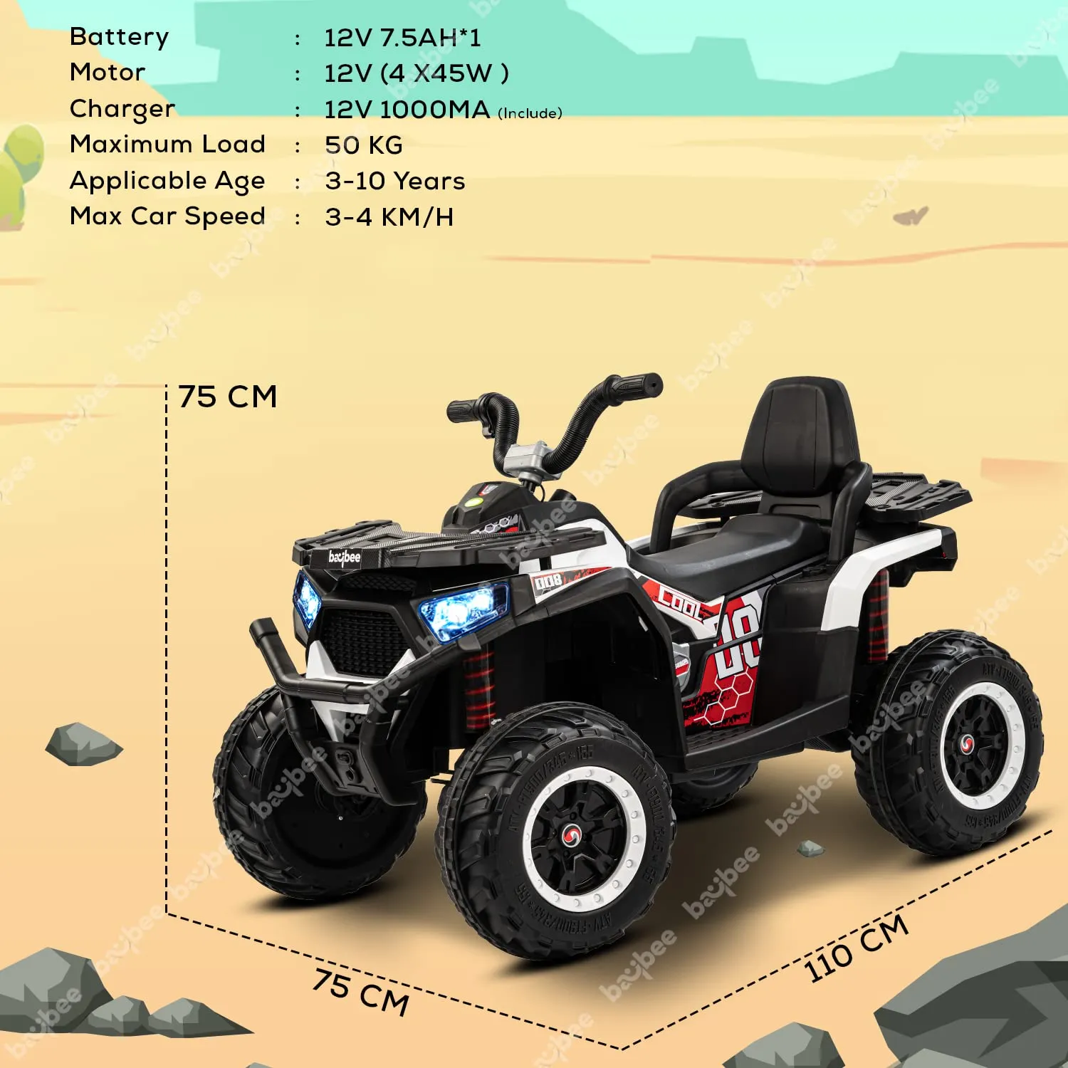 Baybee Adventura ATV Rechargeable Battery-Operated Ride on Bike for Kids Bike with Light, USB, Music.