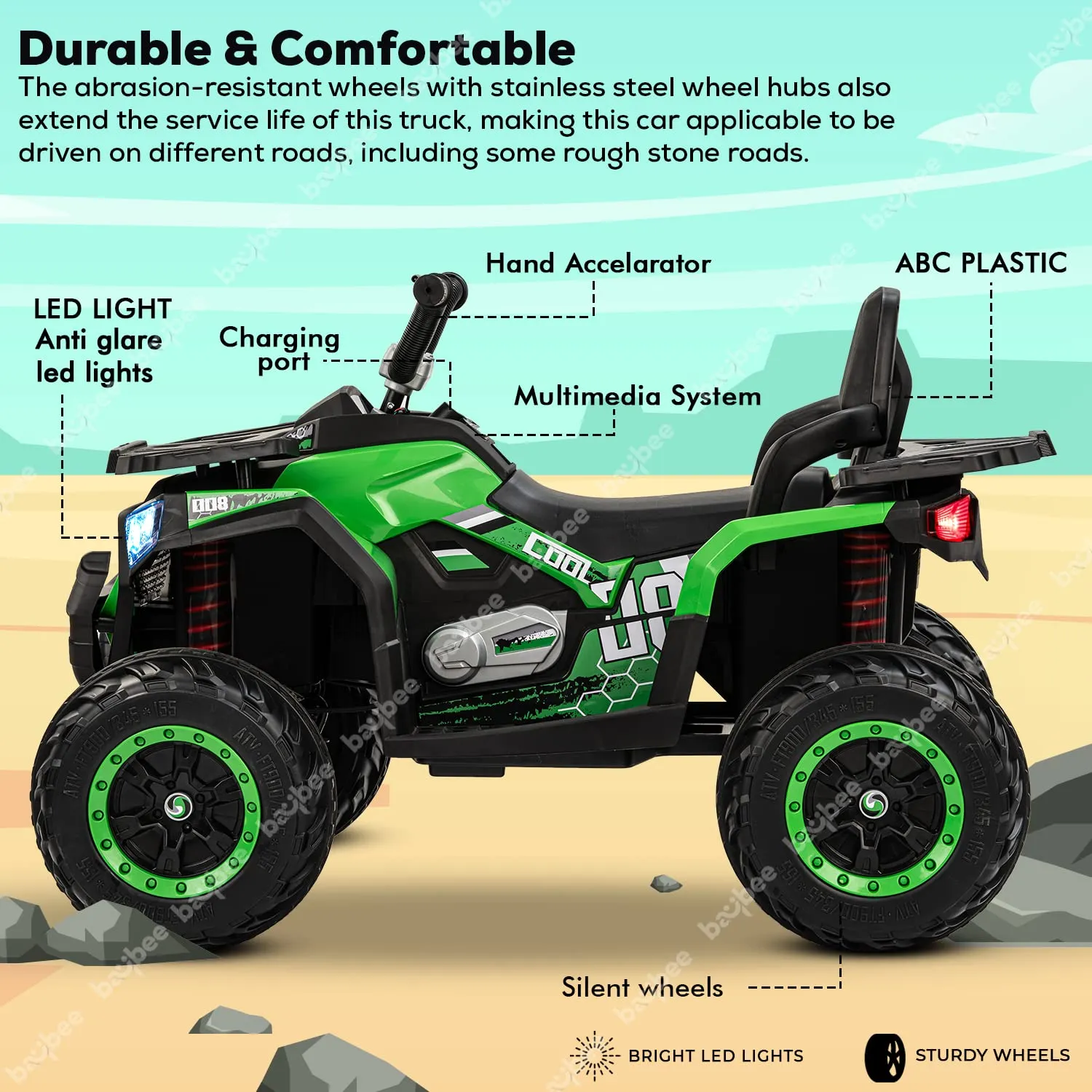 Baybee Adventura ATV Rechargeable Battery-Operated Ride on Bike for Kids Bike with Light, USB, Music.