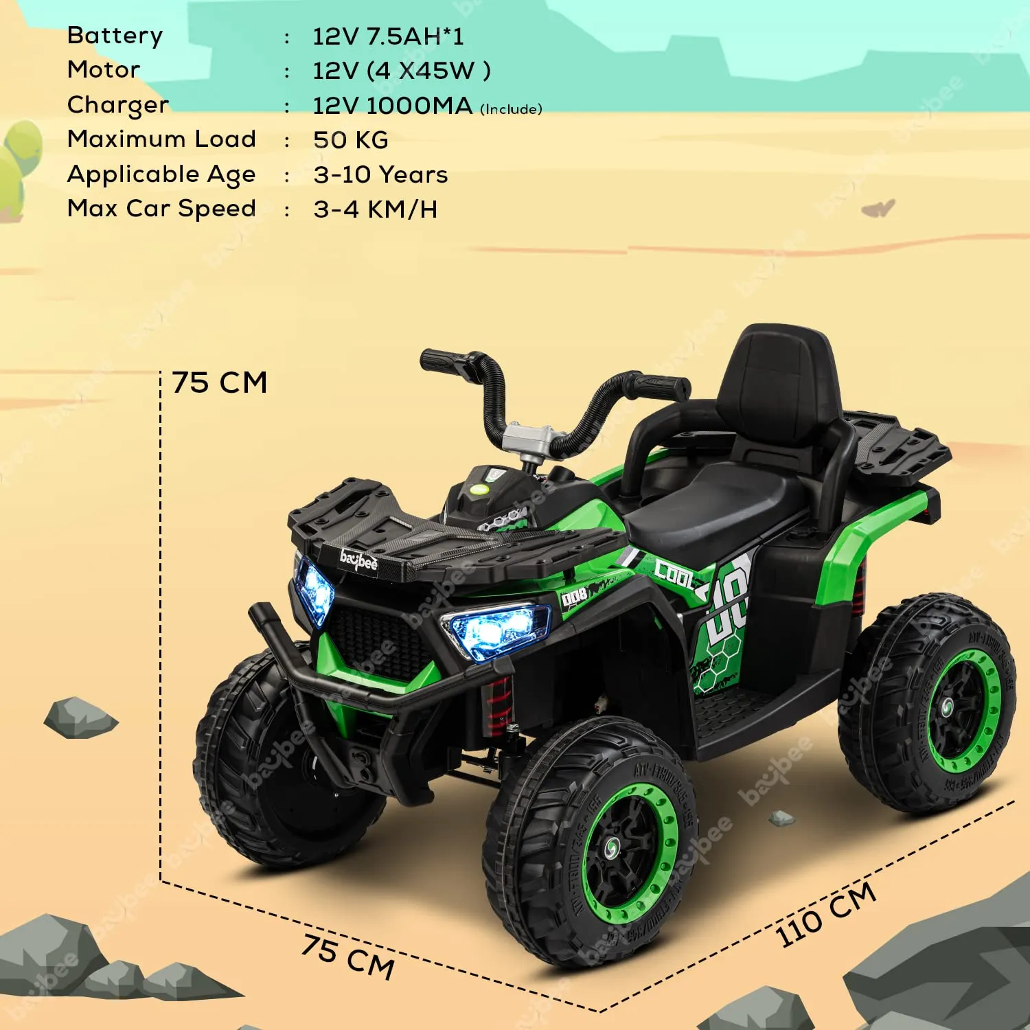 Baybee Adventura ATV Rechargeable Battery-Operated Ride on Bike for Kids Bike with Light, USB, Music.