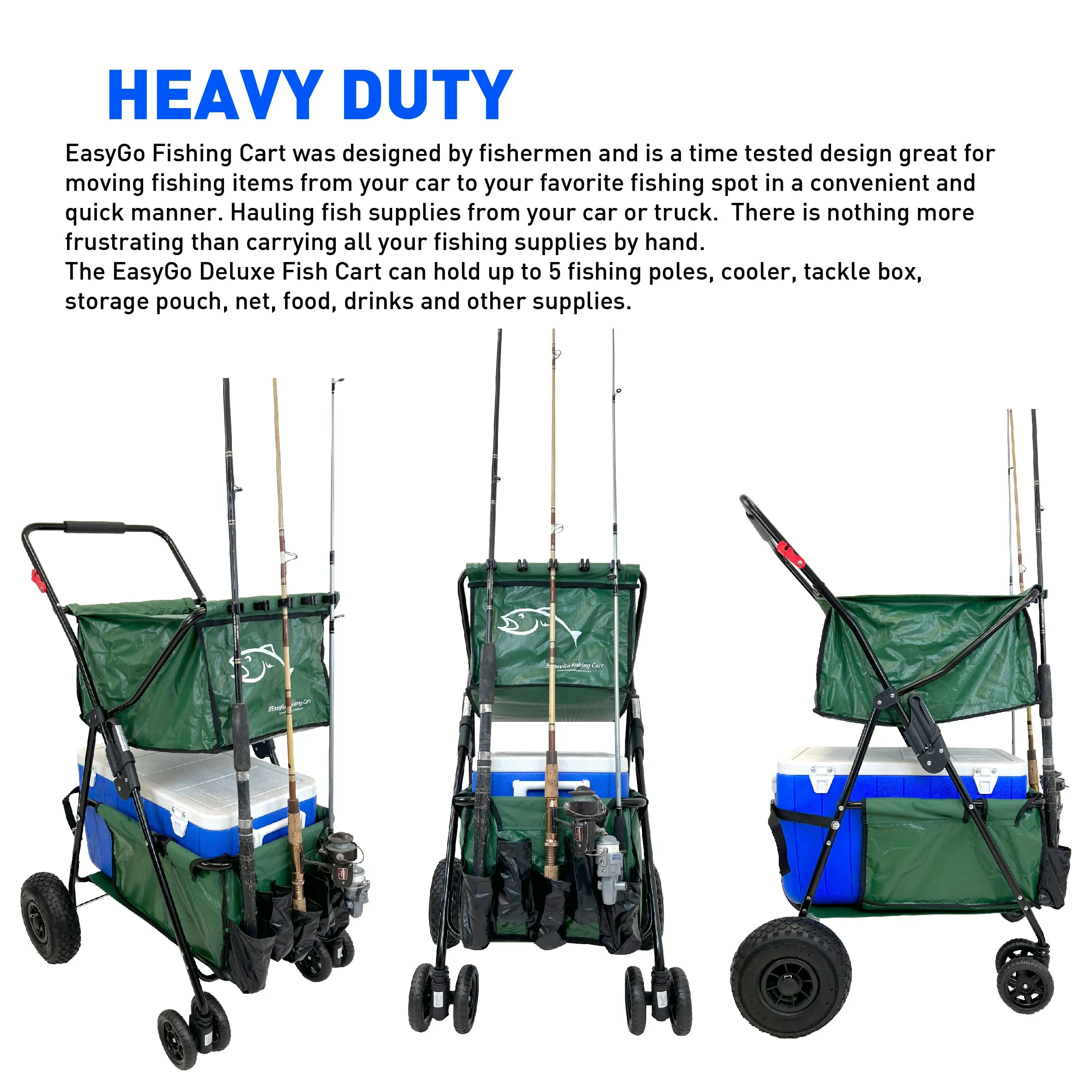 Fishing Cart Wagon - Holds 5 Fishing Poles – LARGE Air Wheels – Cooler Platform – Storage Pouch – Fits in Trunk of Car - Great for Piers, Lakes, Rivers and Beaches Green