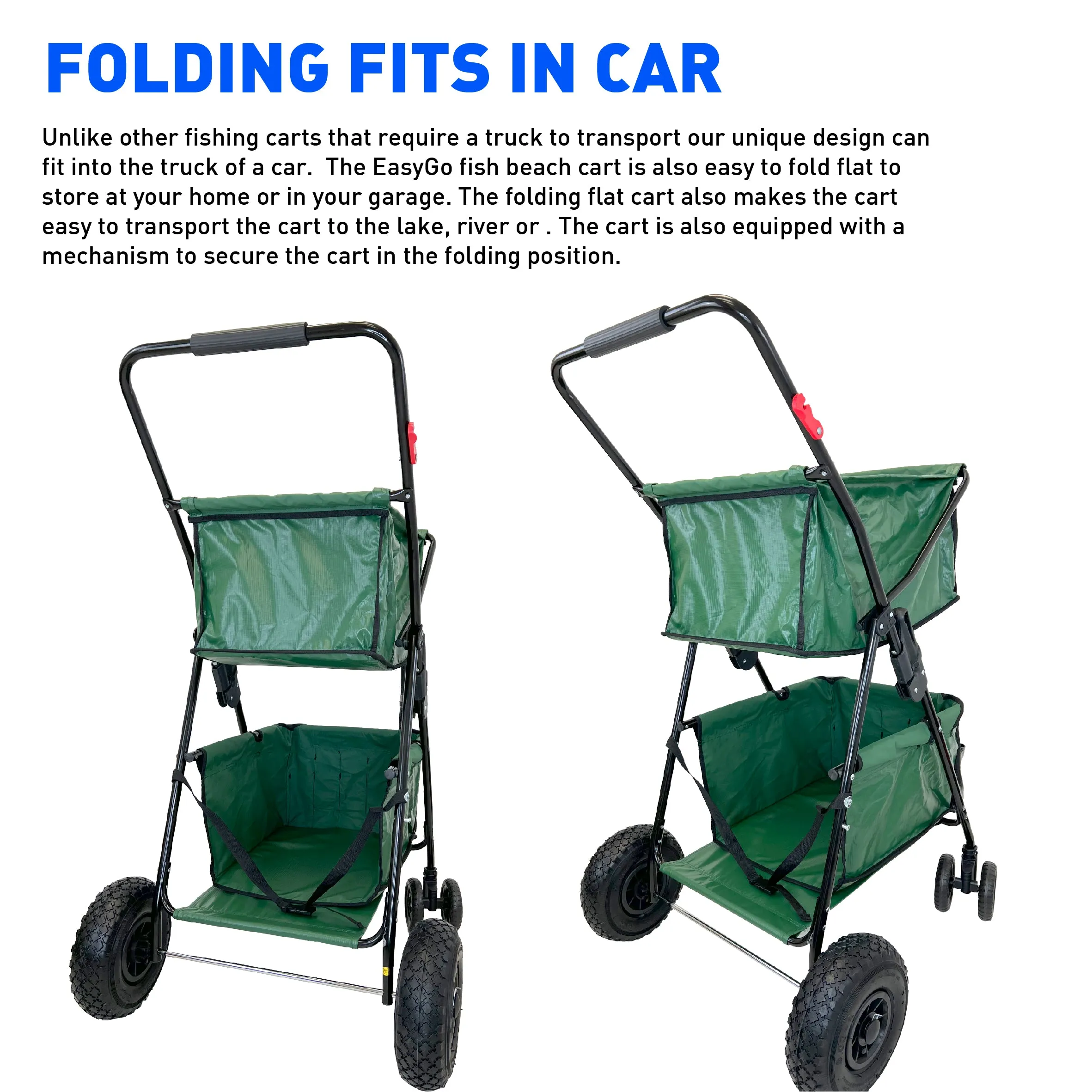 Fishing Cart Wagon - Holds 5 Fishing Poles – LARGE Air Wheels – Cooler Platform – Storage Pouch – Fits in Trunk of Car - Great for Piers, Lakes, Rivers and Beaches Green