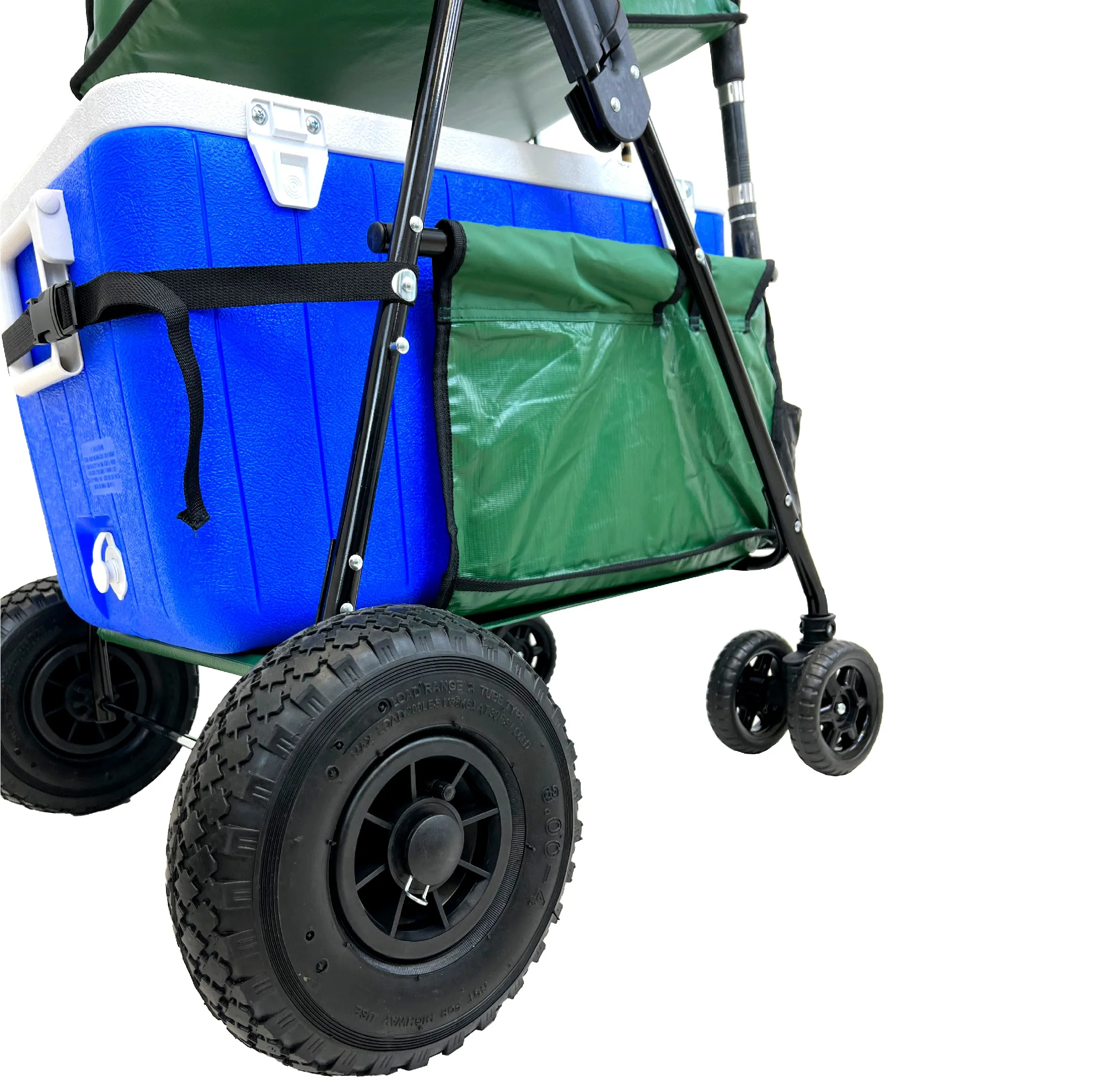 Fishing Cart Wagon - Holds 5 Fishing Poles – LARGE Air Wheels – Cooler Platform – Storage Pouch – Fits in Trunk of Car - Great for Piers, Lakes, Rivers and Beaches Green