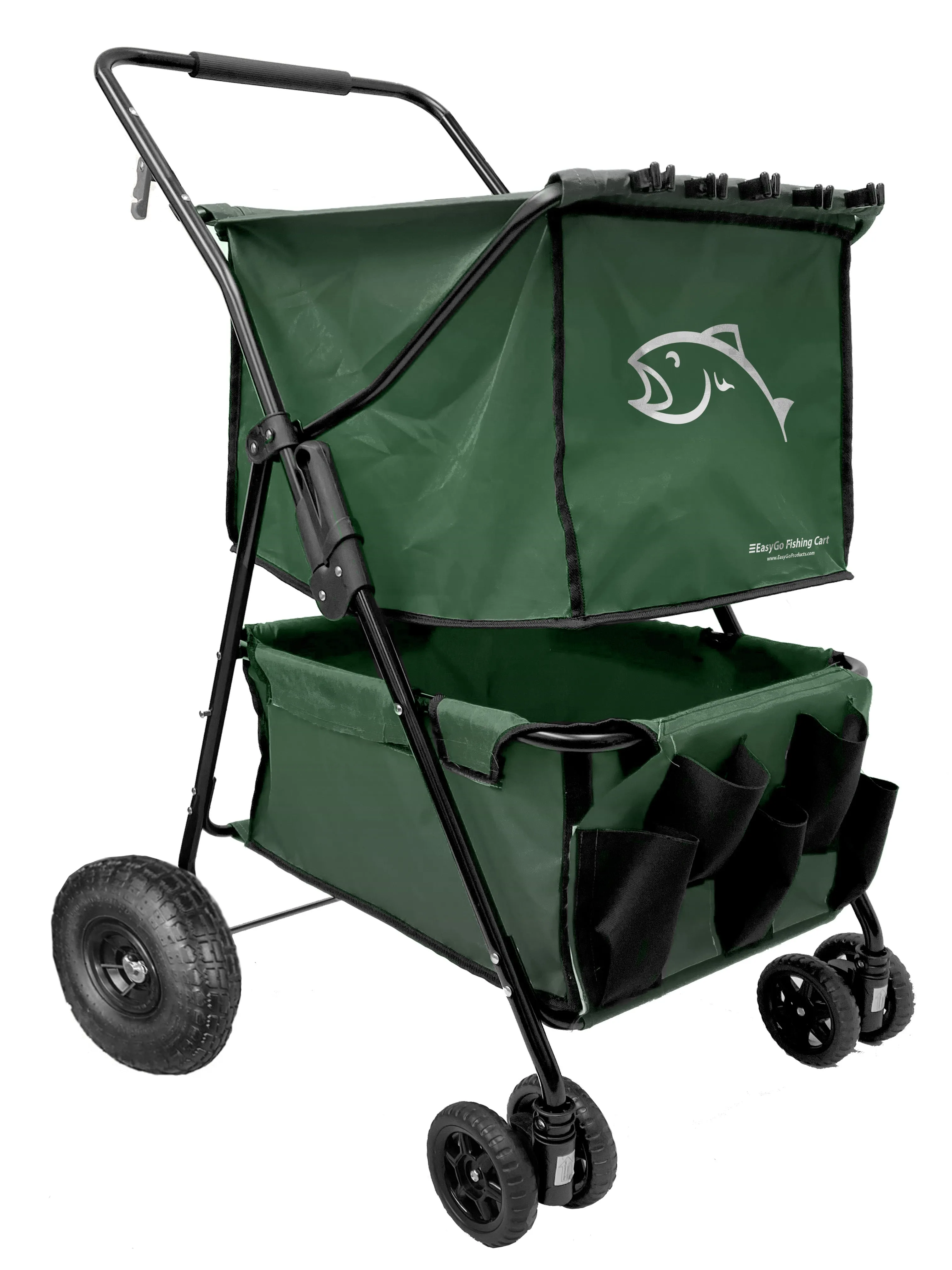 Fishing Cart Wagon - Holds 5 Fishing Poles – LARGE Air Wheels – Cooler Platform – Storage Pouch – Fits in Trunk of Car - Great for Piers, Lakes, Rivers and Beaches Green