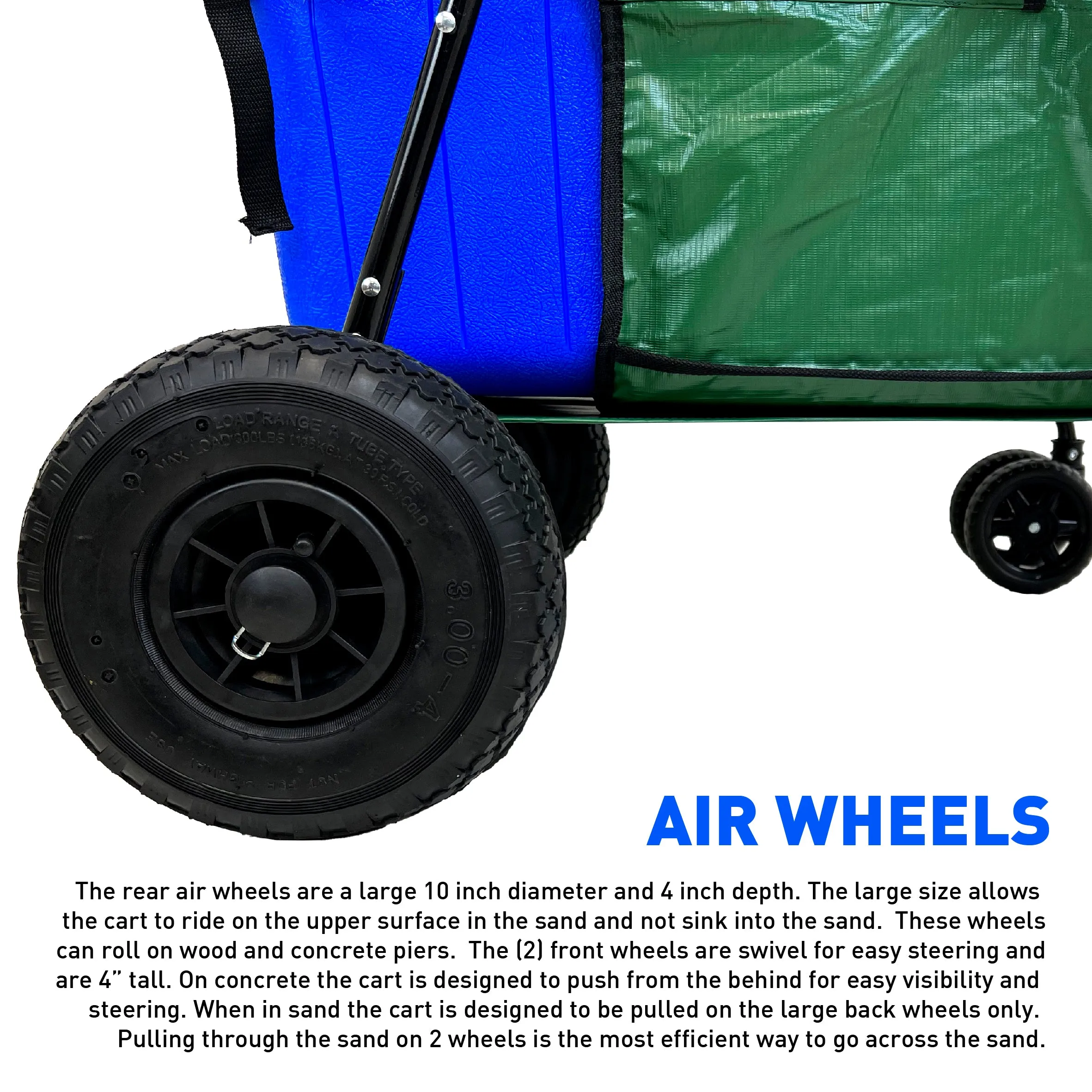 Fishing Cart Wagon - Holds 5 Fishing Poles – LARGE Air Wheels – Cooler Platform – Storage Pouch – Fits in Trunk of Car - Great for Piers, Lakes, Rivers and Beaches Green