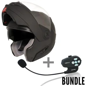 Hawk ST-1198 Transition 2-in-1 Flat Black Modular Helmet with Hawk COM-2 Bluetooth Intercom Bundle
