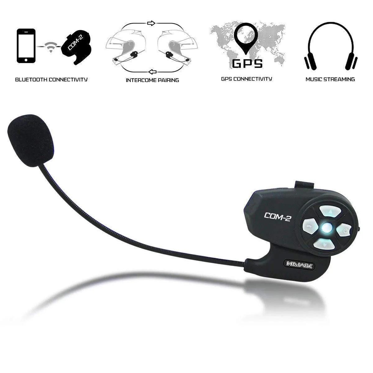 Hawk ST-1198 Transition 2-in-1 Flat Black Modular Helmet with Hawk COM-2 Bluetooth Intercom Bundle
