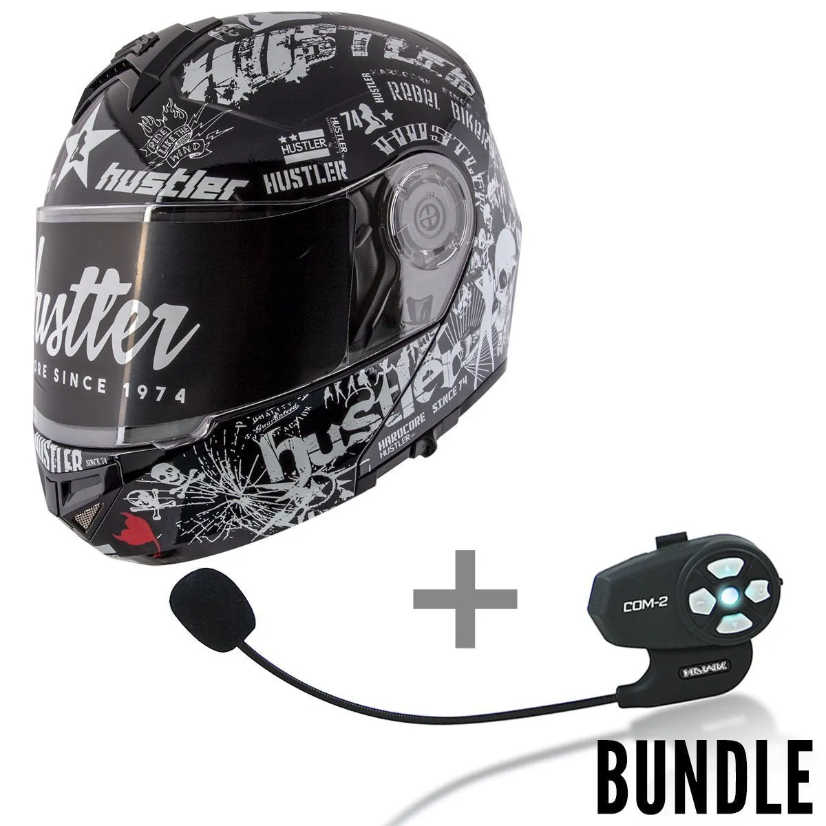 Hustler HT-65 'Hardcore' Gloss Black and White Modular Helmet with Hawk Com 2 Bluetooth System
