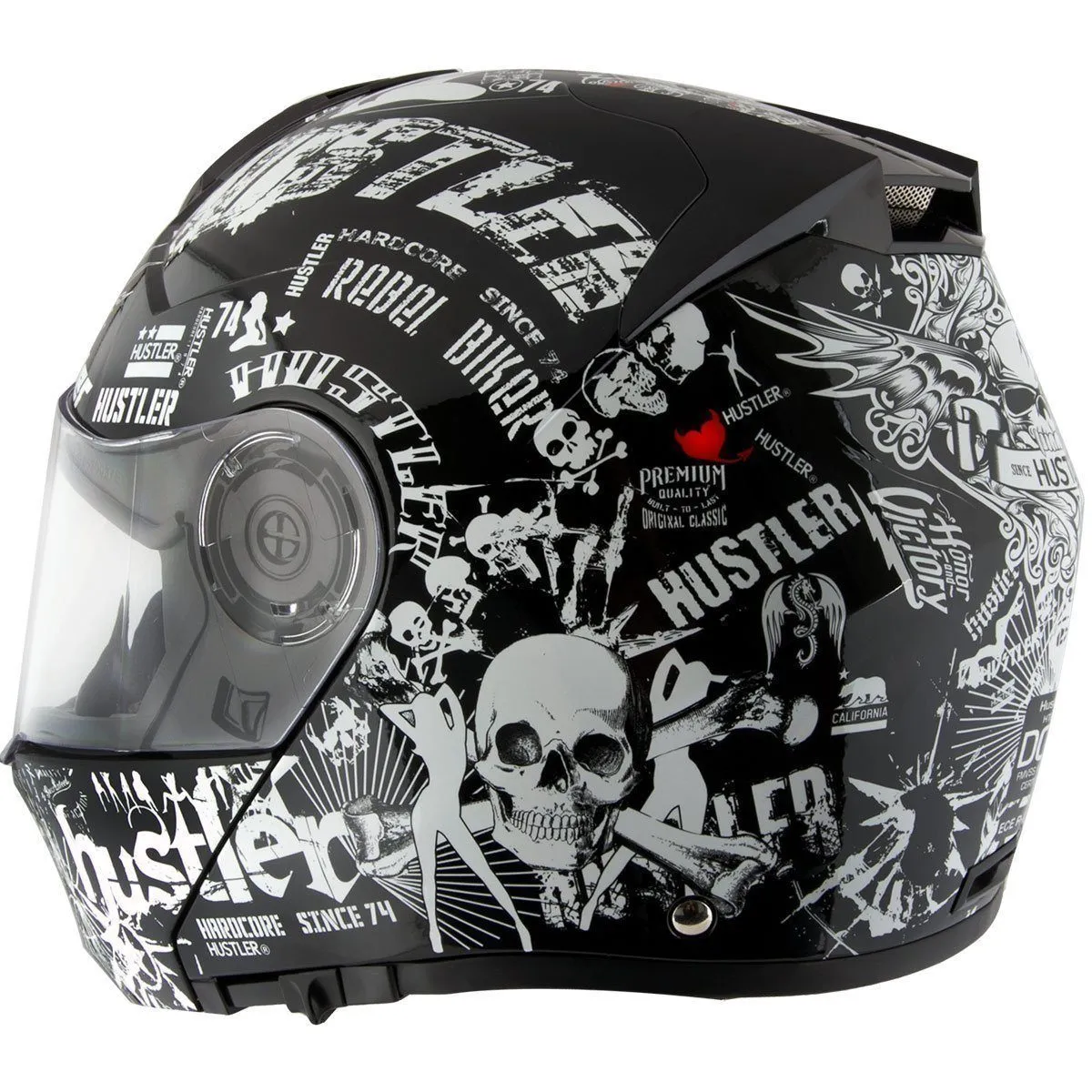 Hustler HT-65 'Hardcore' Gloss Black and White Modular Helmet with Hawk Com 2 Bluetooth System