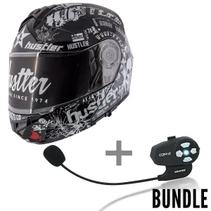 Hustler HT-65 'Hardcore' Gloss Black and White Modular Helmet with Hawk Com 2 Bluetooth System