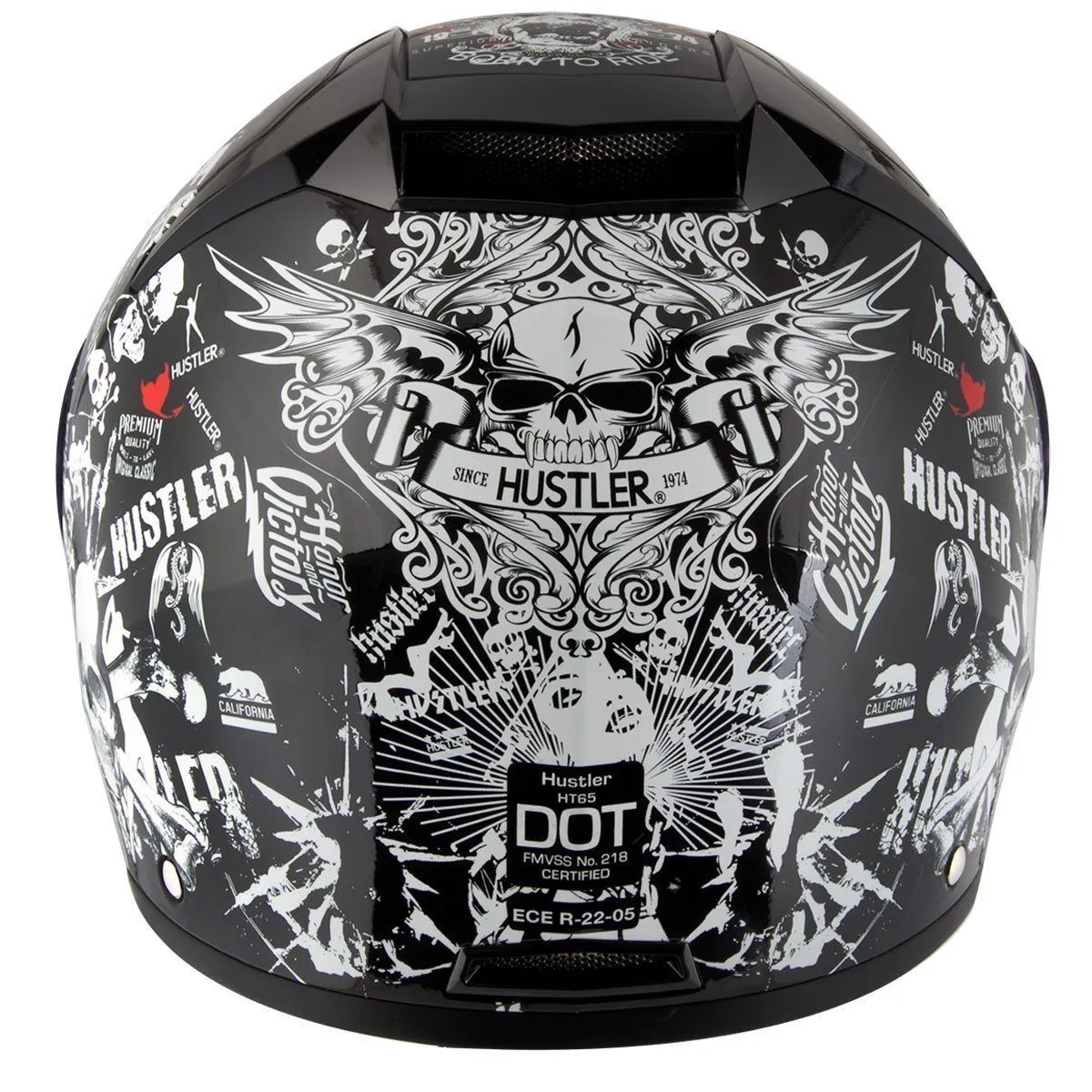 Hustler HT-65 'Hardcore' Gloss Black and White Modular Helmet with Hawk Com 2 Bluetooth System