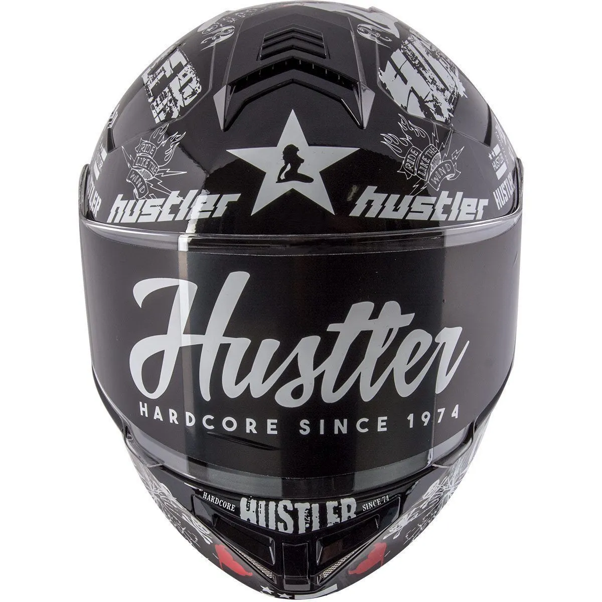 Hustler HT-65 'Hardcore' Gloss Black and White Modular Helmet with Hawk Com 2 Bluetooth System
