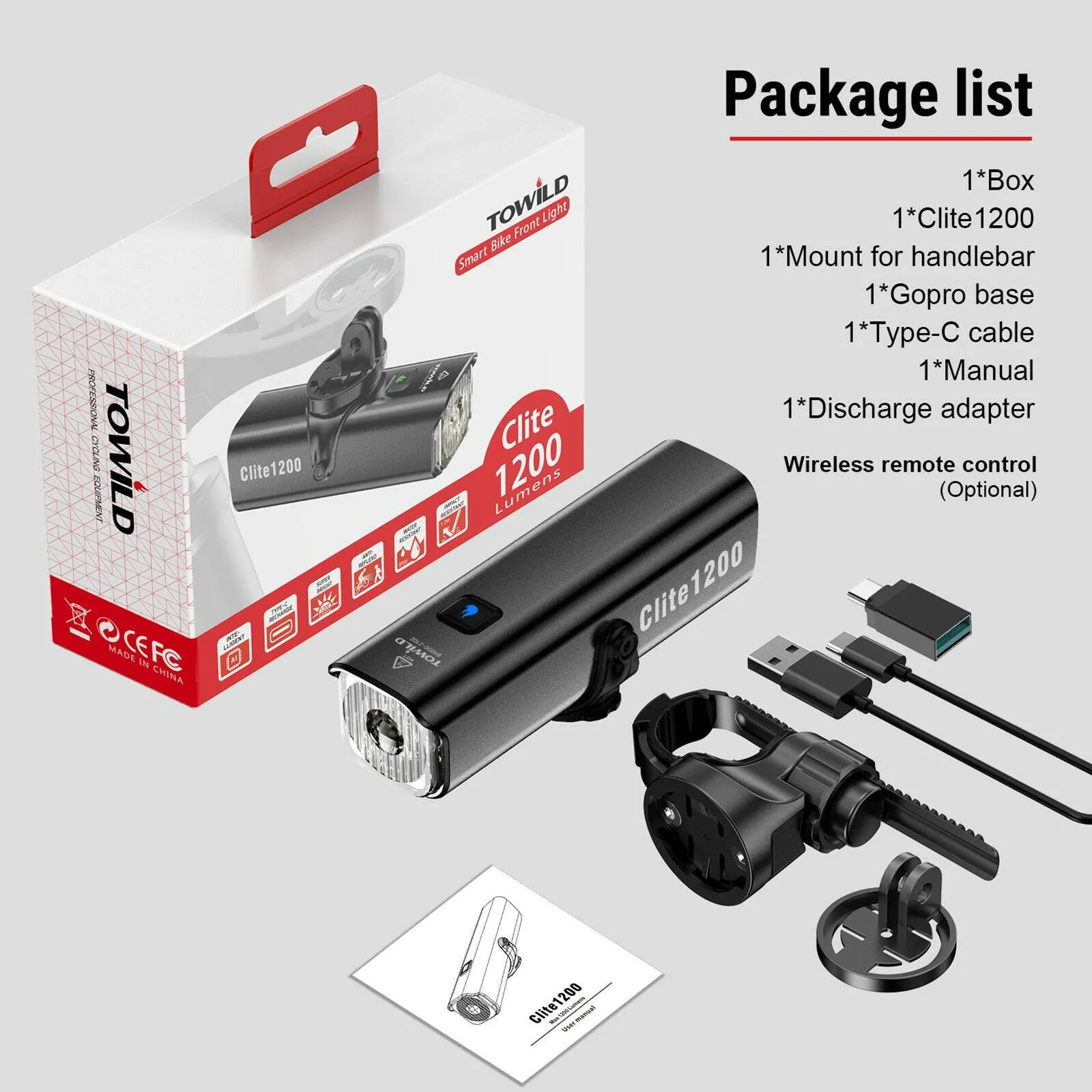 TOWILD CL1200/600LM Bike Light Front Lamp USB Rechargeable LED 21700 4000mAh Bicycle Light Waterproof Headlight Bike Accessories