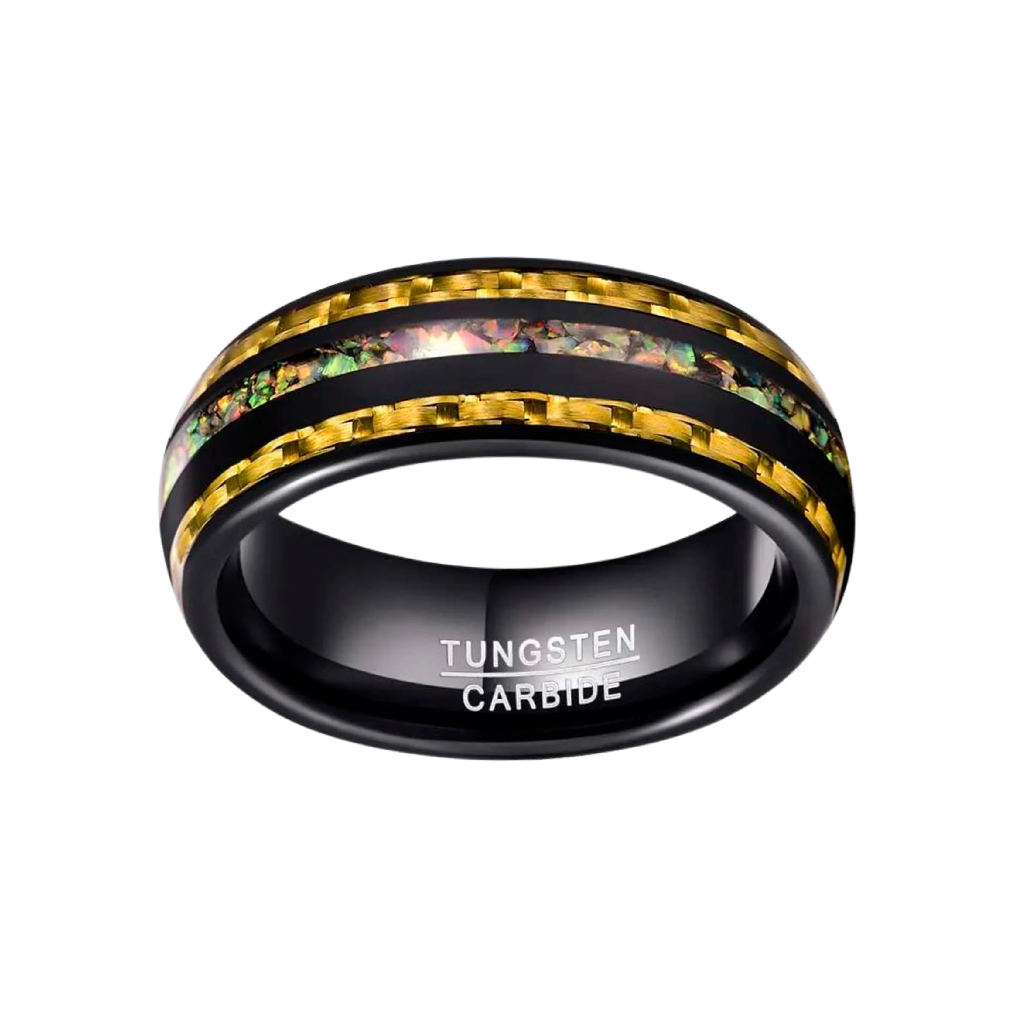 Yellow Carbon Fiber and Opal Inlaid Black Tungsten Men's Ring