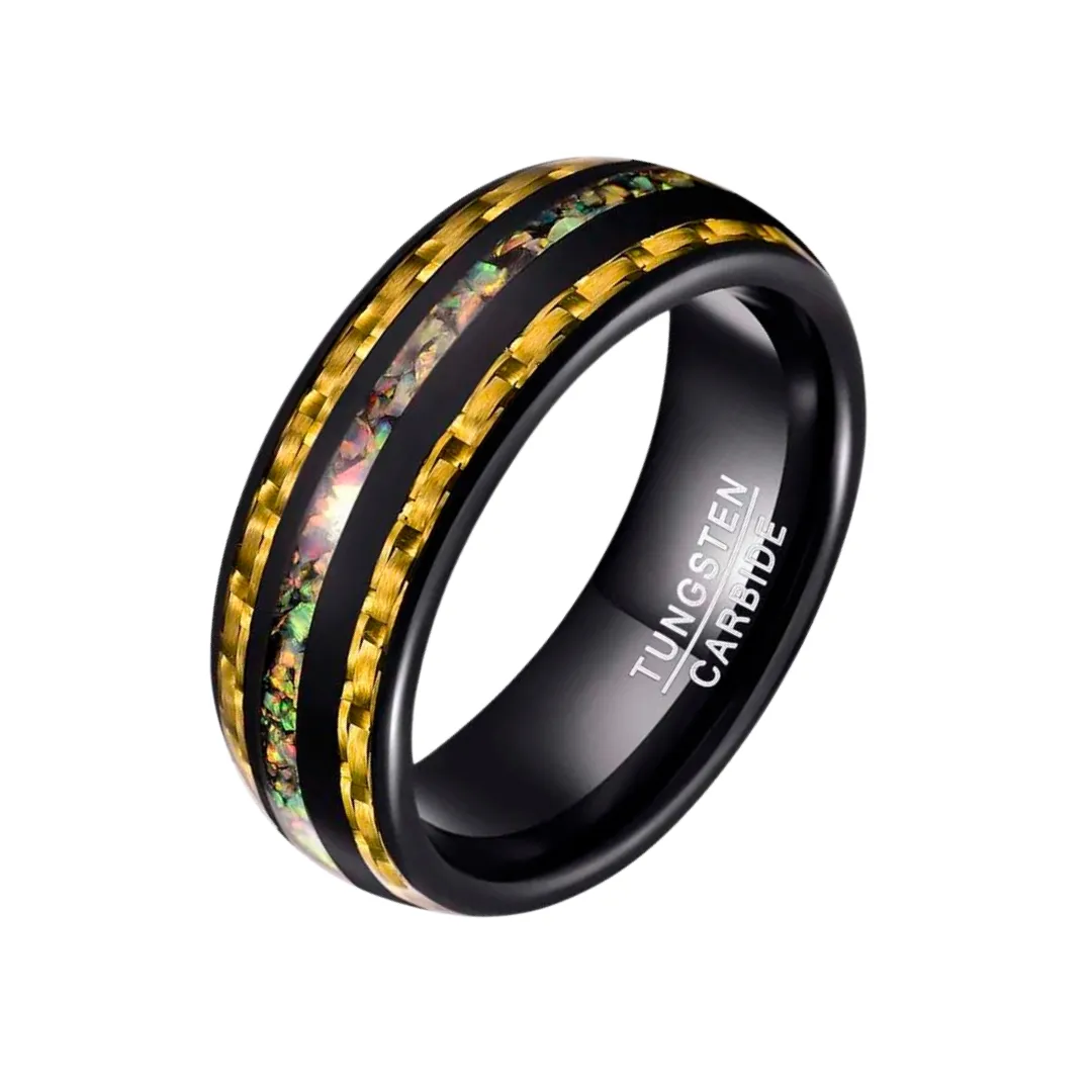 Yellow Carbon Fiber and Opal Inlaid Black Tungsten Men's Ring