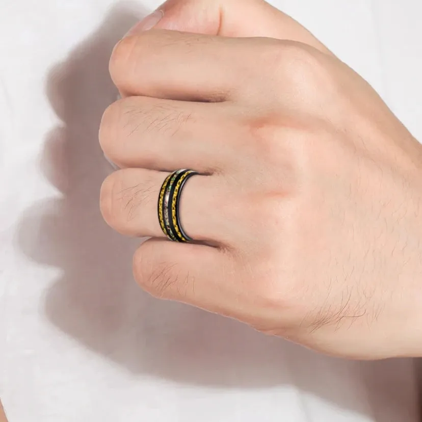 Yellow Carbon Fiber and Opal Inlaid Black Tungsten Men's Ring