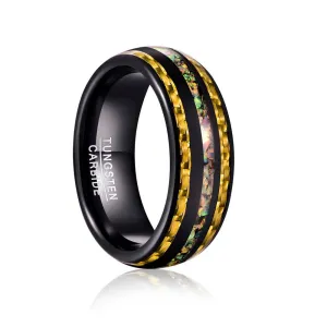 Yellow Carbon Fiber and Opal Inlaid Black Tungsten Men's Ring